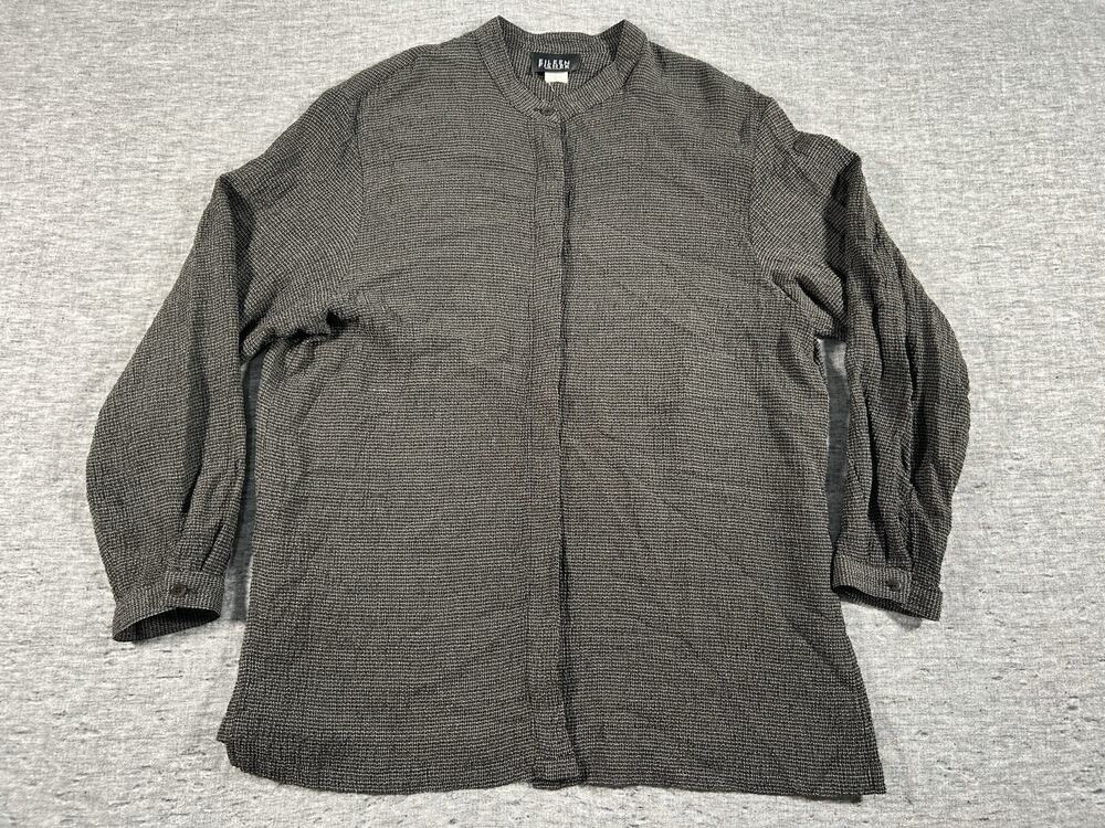 Eileen Fisher Button Down Shirt Womens Large Black White Long Sleeve USA Made